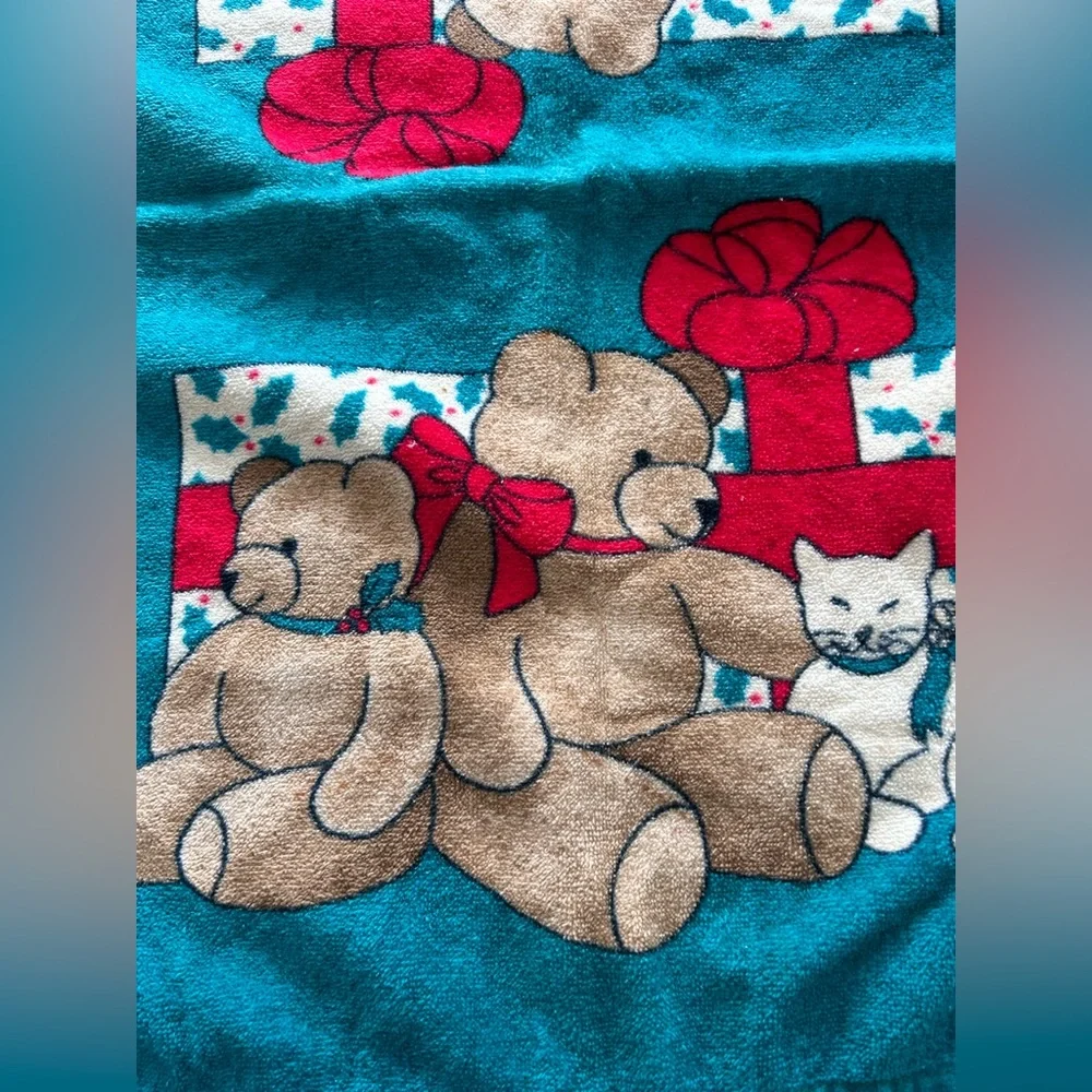 Vintage Christmas Dish Kitchen Towel Teddy Bear Cat Teal Blue White Taiwan